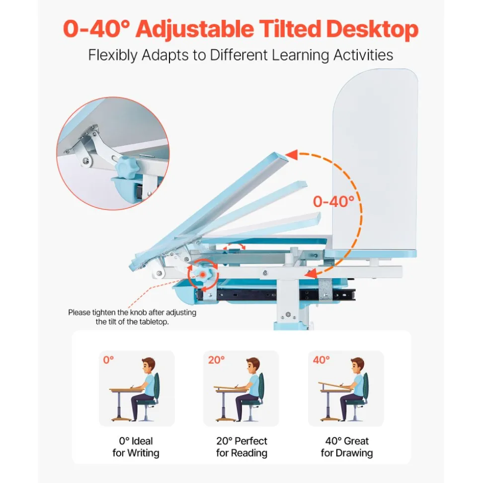 VEVOR Kids Study Chair and Desk Set, Study Desk and Chair for Kids with Bookshelf & Storage Drawer, Adjustable Height & 0-40° Tilted Desktop Desk and Chair, Study Table for Bedroom & Study Room, Blue