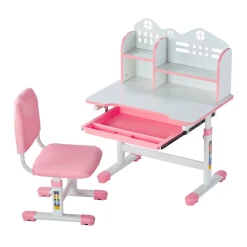 VEVOR Kids Study Chair and Desk Set, Study Desk and Chair for Kids with Bookshelf and Storage Drawer, Adjustable Height Kids Study Desk with Chair, Children Study Table for Bedroom & Study Room, Pink