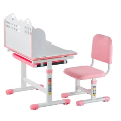 VEVOR Kids Study Chair and Desk Set, Study Desk and Chair for Kids with Bookshelf and Storage Drawer, Adjustable Height Kids Study Desk with Chair, Children Study Table for Bedroom & Study Room, Pink