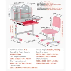 VEVOR Kids Study Chair and Desk Set, Study Desk and Chair for Kids with Bookshelf and Storage Drawer, Adjustable Height Kids Study Desk with Chair, Children Study Table for Bedroom & Study Room, Pink