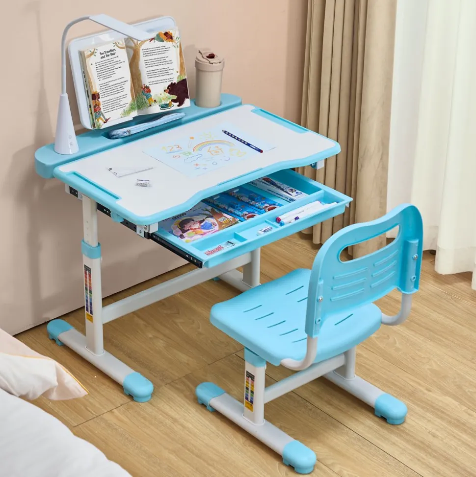 VEVOR Kids Study Chair and Desk Set, Study Desk and Chair for Kids with Table Lamp, Adjustable Height & 0-40° Tilted Desktop Kids Desk and Chair, Children Study Table for Bedroom & Study Room, Blue