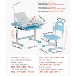 VEVOR Kids Study Chair and Desk Set, Study Desk and Chair for Kids with Table Lamp, Adjustable Height & 0-40° Tilted Desktop Kids Desk and Chair, Children Study Table for Bedroom & Study Room, Blue