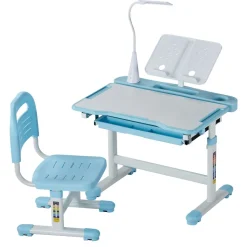 VEVOR Kids Study Chair and Desk Set, Study Desk and Chair for Kids with Table Lamp, Adjustable Height & 0-40° Tilted Desktop Kids Desk and Chair, Children Study Table for Bedroom & Study Room, Blue
