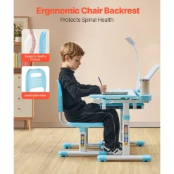 VEVOR Kids Study Chair and Desk Set, Study Desk and Chair for Kids with Table Lamp, Adjustable Height & 0-40° Tilted Desktop Kids Desk and Chair, Children Study Table for Bedroom & Study Room, Blue