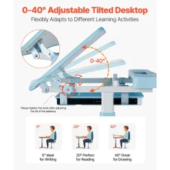 VEVOR Kids Study Chair and Desk Set, Study Desk and Chair for Kids with Table Lamp, Adjustable Height & 0-40° Tilted Desktop Kids Desk and Chair, Children Study Table for Bedroom & Study Room, Blue