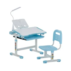 VEVOR Kids Study Chair and Desk Set, Study Desk and Chair for Kids with Table Lamp, Adjustable Height & 0-40° Tilted Desktop Kids Desk and Chair, Children Study Table for Bedroom & Study Room, Blue