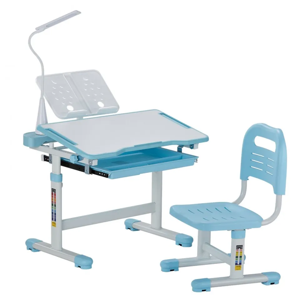 VEVOR Kids Study Chair and Desk Set, Study Desk and Chair for Kids with Table Lamp, Adjustable Height & 0-40° Tilted Desktop Kids Desk and Chair, Children Study Table for Bedroom & Study Room, Blue