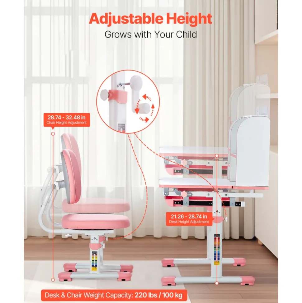 VEVOR Kids Study Chair and Desk Set, Study Desk and Chair for Kids with Bookshelf & Storage Drawer, Adjustable Height & 0-40° Tilted Desktop Desk and Chair, Study Table for Bedroom & Study Room, Pink