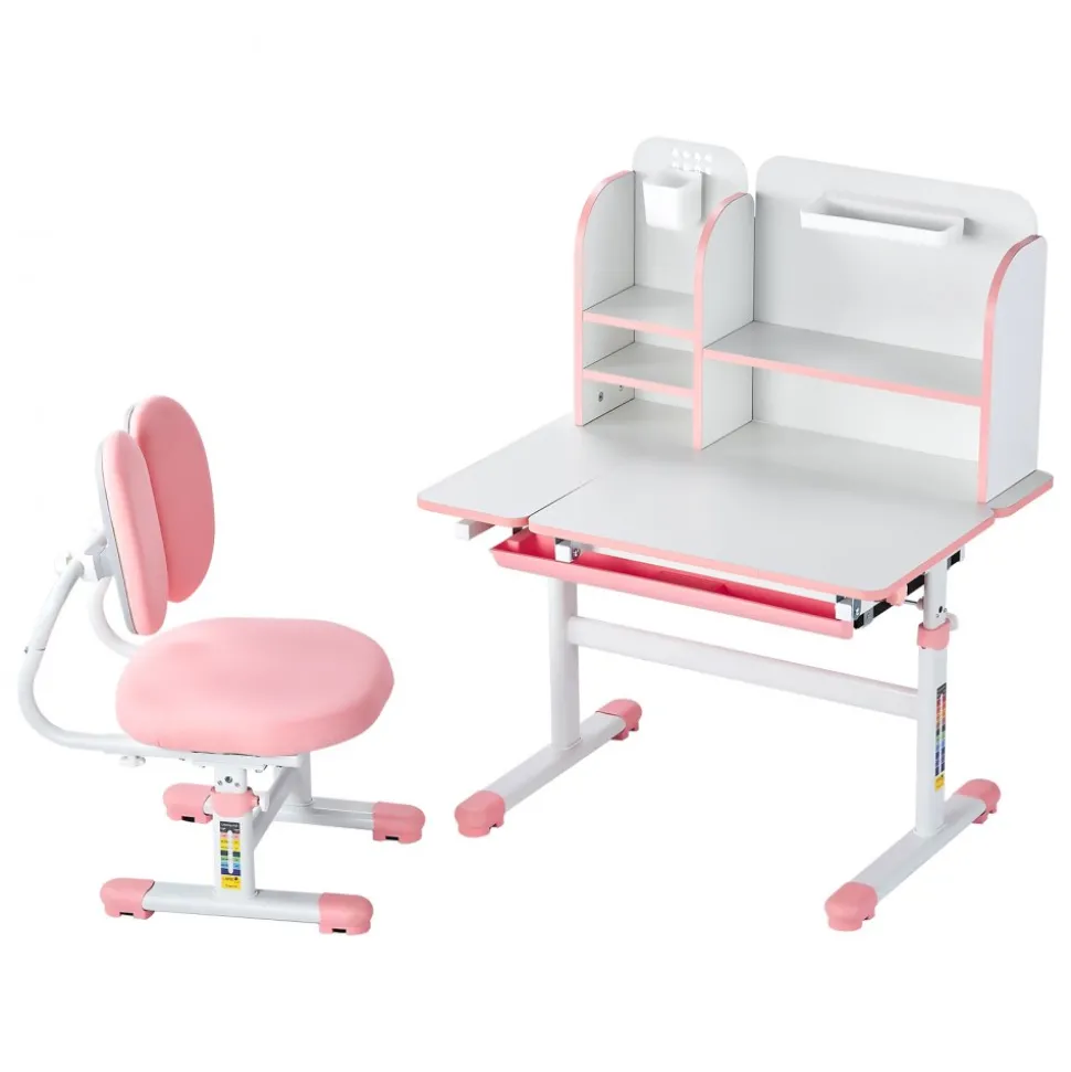 VEVOR Kids Study Chair and Desk Set, Study Desk and Chair for Kids with Bookshelf & Storage Drawer, Adjustable Height & 0-40° Tilted Desktop Desk and Chair, Study Table for Bedroom & Study Room, Pink