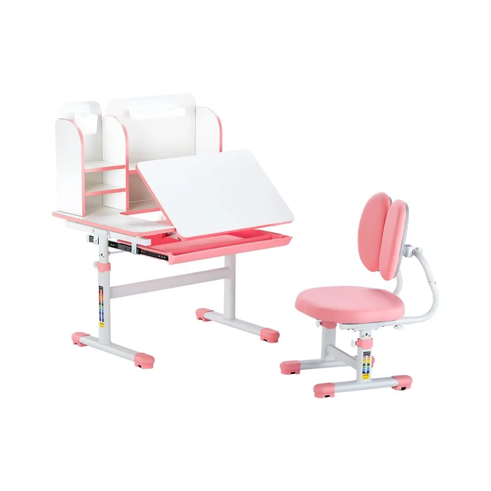 VEVOR Kids Study Chair and Desk Set, Study Desk and Chair for Kids with Bookshelf & Storage Drawer, Adjustable Height & 0-40° Tilted Desktop Desk and Chair, Study Table for Bedroom & Study Room, Pink