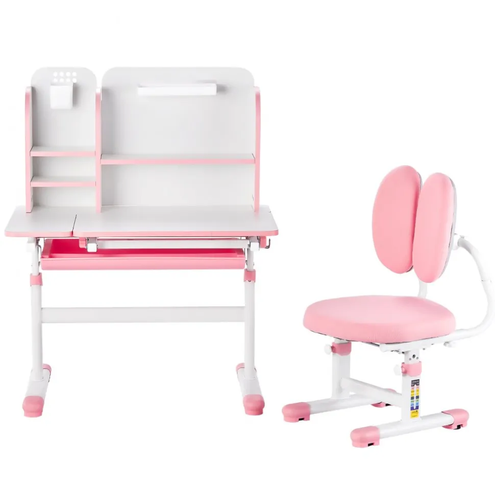 VEVOR Kids Study Chair and Desk Set, Study Desk and Chair for Kids with Bookshelf & Storage Drawer, Adjustable Height & 0-40° Tilted Desktop Desk and Chair, Study Table for Bedroom & Study Room, Pink