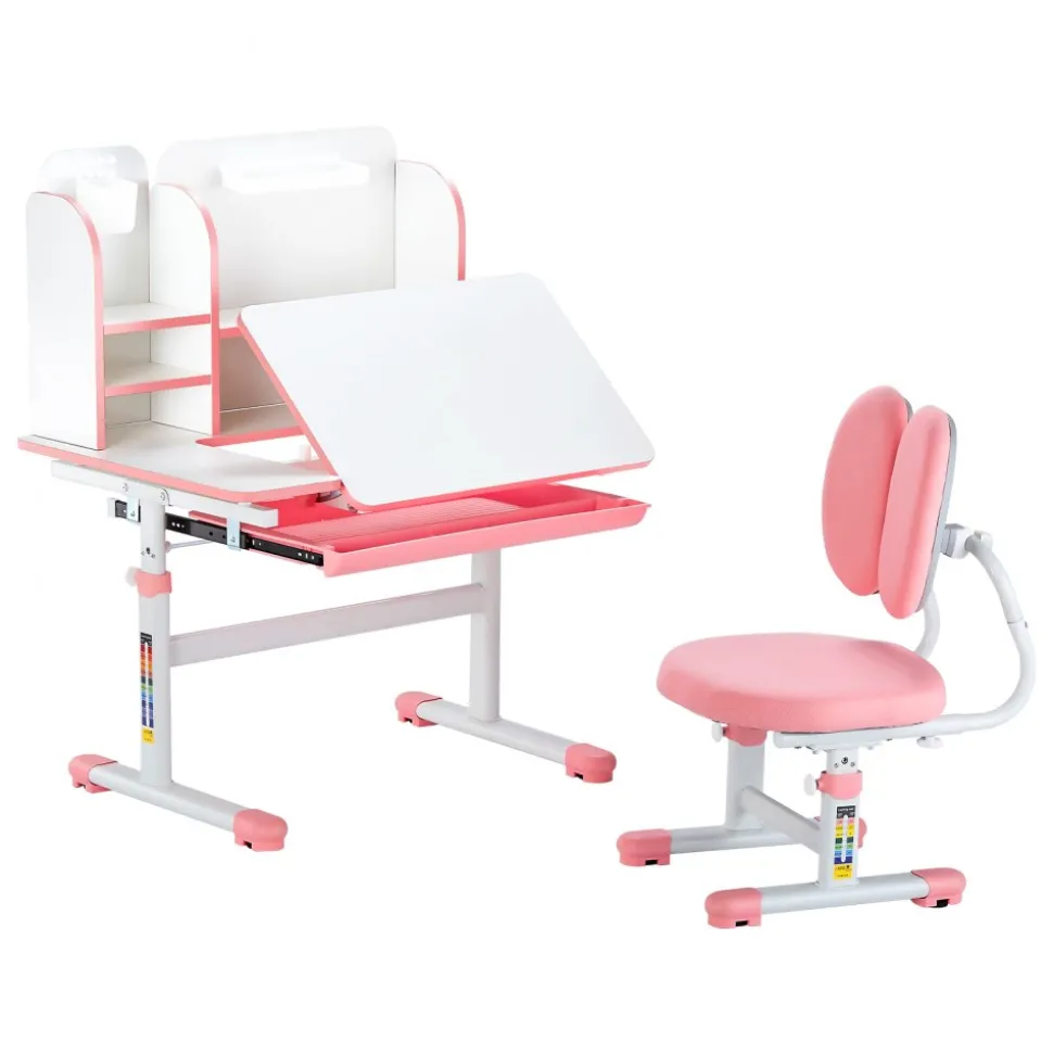 VEVOR Kids Study Chair and Desk Set, Study Desk and Chair for Kids with Bookshelf & Storage Drawer, Adjustable Height & 0-40° Tilted Desktop Desk and Chair, Study Table for Bedroom & Study Room, Pink