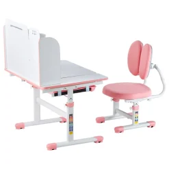 VEVOR Kids Study Chair and Desk Set, Study Desk and Chair for Kids with Bookshelf & Storage Drawer, Adjustable Height & 0-40° Tilted Desktop Desk and Chair, Study Table for Bedroom & Study Room, Pink