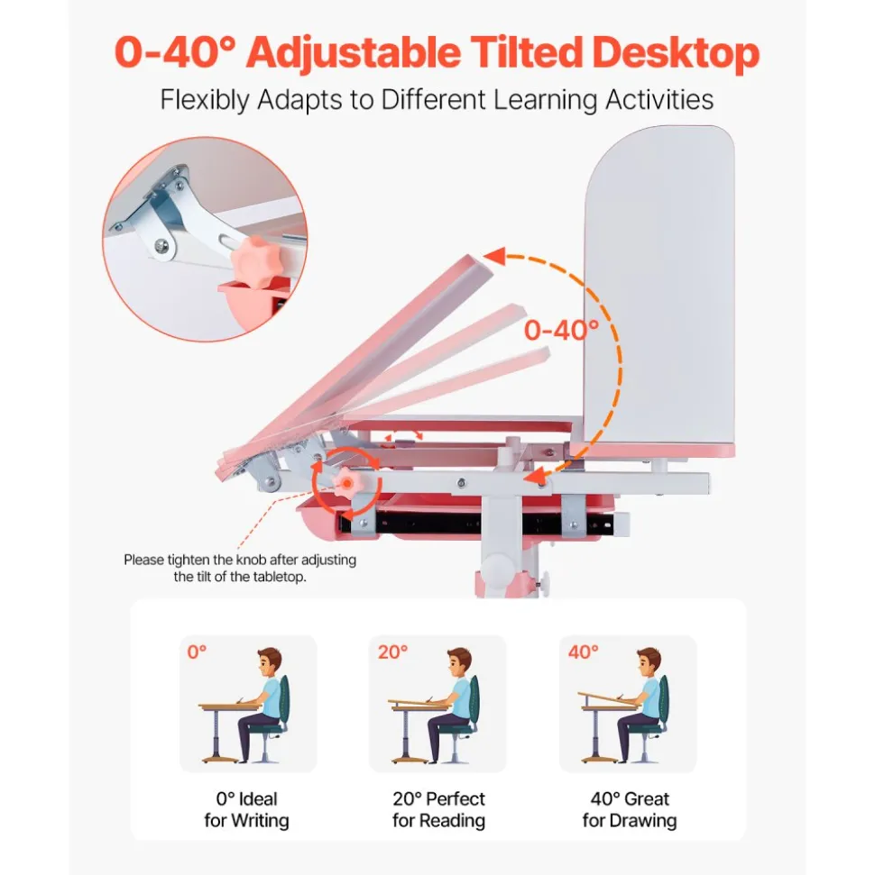 VEVOR Kids Study Chair and Desk Set, Study Desk and Chair for Kids with Bookshelf & Storage Drawer, Adjustable Height & 0-40° Tilted Desktop Desk and Chair, Study Table for Bedroom & Study Room, Pink