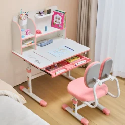 VEVOR Kids Study Chair and Desk Set, Study Desk and Chair for Kids with Bookshelf & Storage Drawer, Adjustable Height & 0-40° Tilted Desktop Desk and Chair, Study Table for Bedroom & Study Room, Pink
