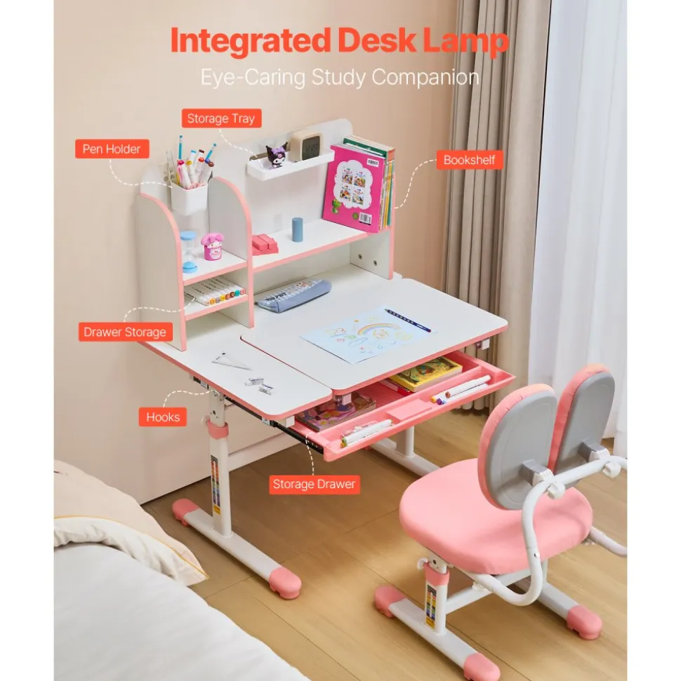 VEVOR Kids Study Chair and Desk Set, Study Desk and Chair for Kids with Bookshelf & Storage Drawer, Adjustable Height & 0-40° Tilted Desktop Desk and Chair, Study Table for Bedroom & Study Room, Pink