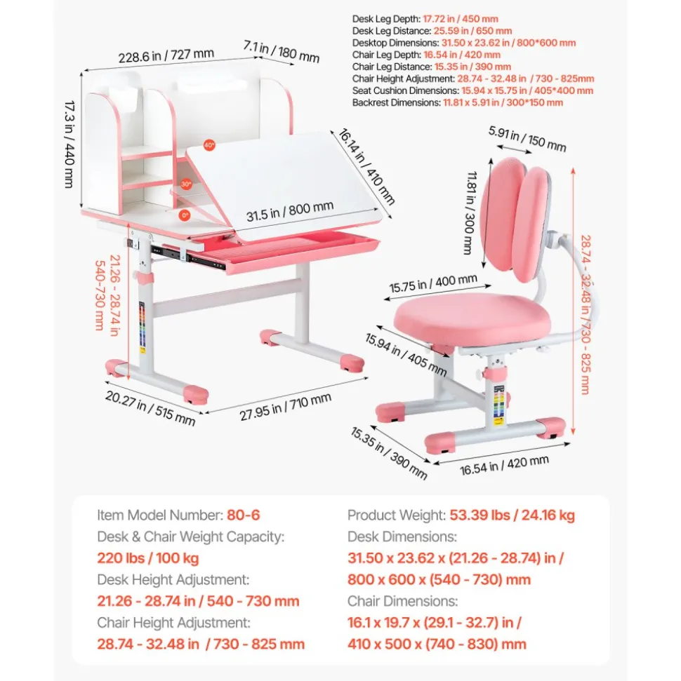 VEVOR Kids Study Chair and Desk Set, Study Desk and Chair for Kids with Bookshelf & Storage Drawer, Adjustable Height & 0-40° Tilted Desktop Desk and Chair, Study Table for Bedroom & Study Room, Pink