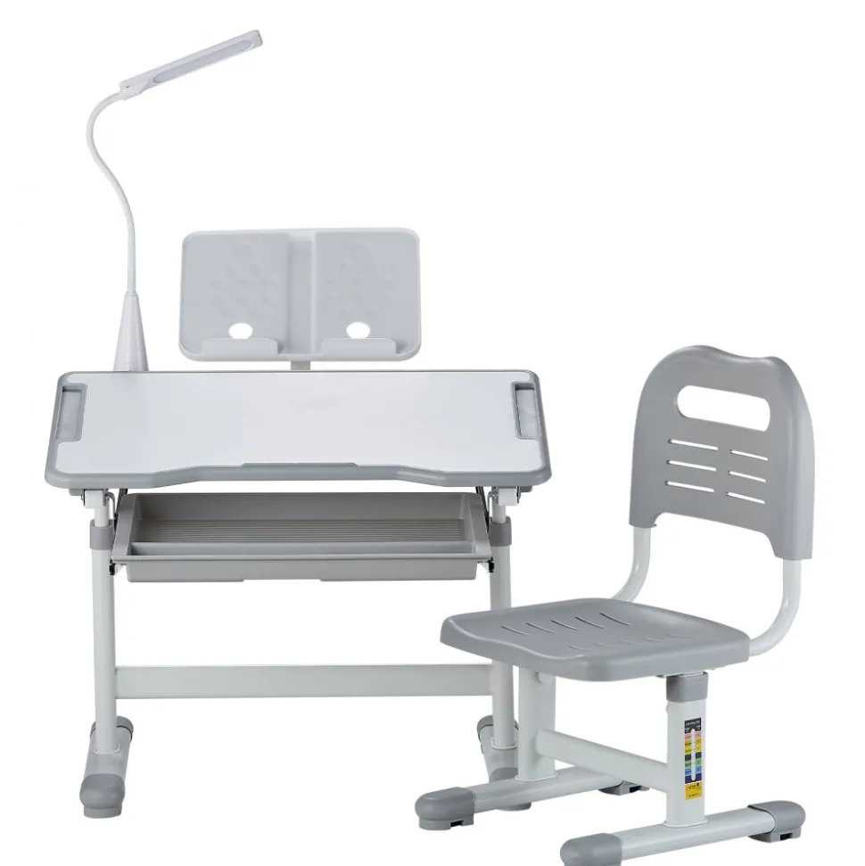 VEVOR Kids Study Chair and Desk Set, Study Desk and Chair for Kids with Table Lamp, Adjustable Height & 0-40° Tilted Desktop Kids Desk and Chair, Children Study Table for Bedroom & Study Room, Grey