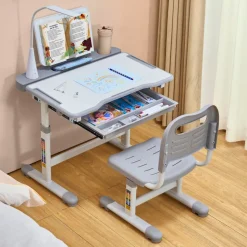 VEVOR Kids Study Chair and Desk Set, Study Desk and Chair for Kids with Table Lamp, Adjustable Height & 0-40° Tilted Desktop Kids Desk and Chair, Children Study Table for Bedroom & Study Room, Grey