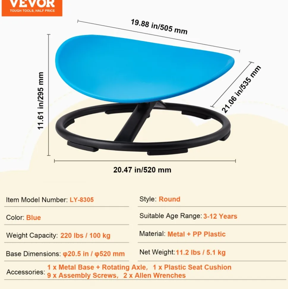 VEVOR Kids Swivel Chair, 220 LBS Capacity, Sensory Spinning Chair, Autistic Kids Sensory Toy Chair with Non-Slip Metal Base, Toddler Sit and Spin Chair for Coordination Balance Focus Training Blue