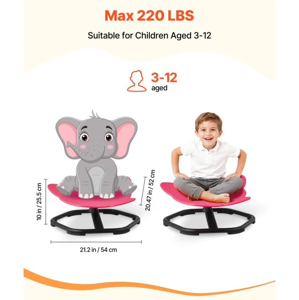 VEVOR Kids Swivel Chair, 220 lbs Capacity, Elephant Shape Sensory Spinning Chair, Autistic Kids Sensory Toy Seat with Non-Slip Metal Base, Toddler Sit & Spin Seat for Coordination Balance Focus, Red