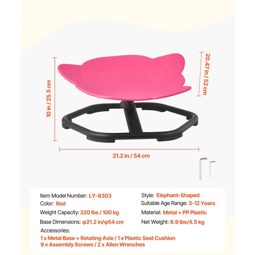 VEVOR Kids Swivel Chair, 220 lbs Capacity, Elephant Shape Sensory Spinning Chair, Autistic Kids Sensory Toy Seat with Non-Slip Metal Base, Toddler Sit & Spin Seat for Coordination Balance Focus, Red
