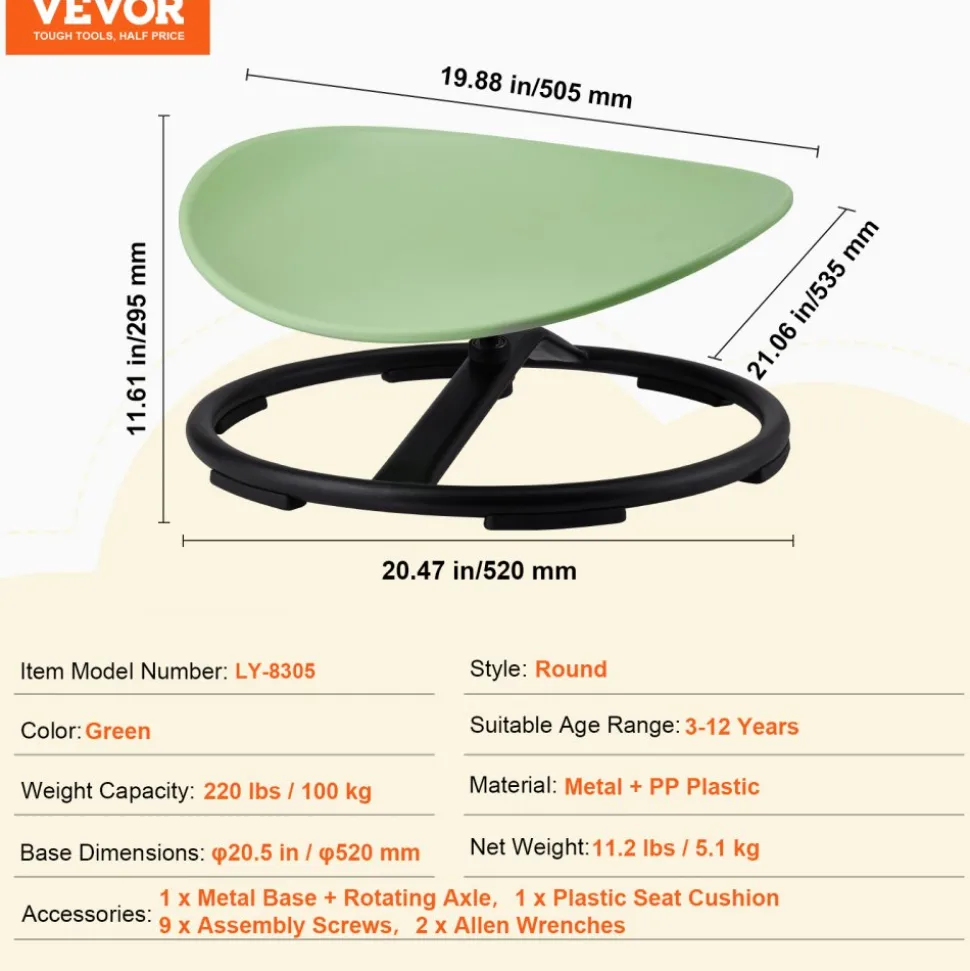 VEVOR Kids Swivel Chair, 220 LBS Capacity, Sensory Spinning Chair, Autistic Kids Sensory Toy Chair with Non-Slip Metal Base, Toddler Sit and Spin Chair for Coordination Balance Focus Training Green