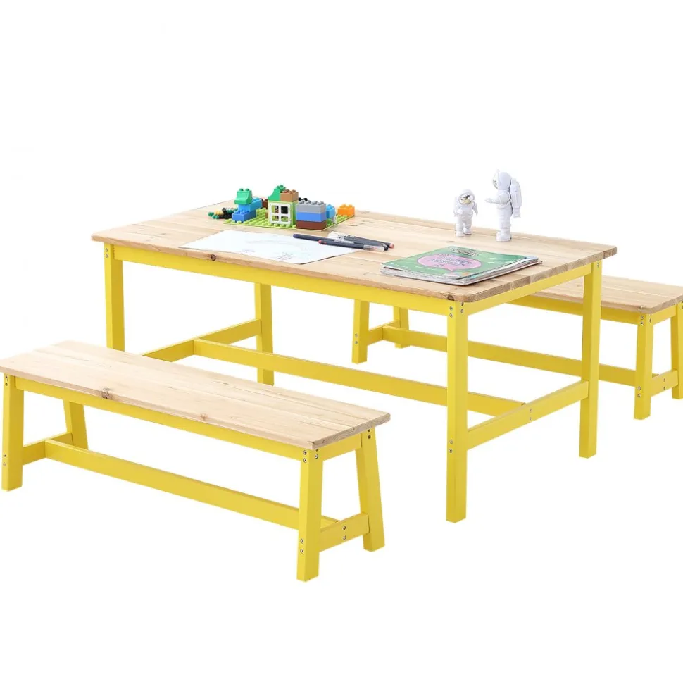 VEVOR Kids Table and Bench Set, Toddler Table and Chair Set of 3, Wood Activity Table for Art, Craft, Reading, Learning