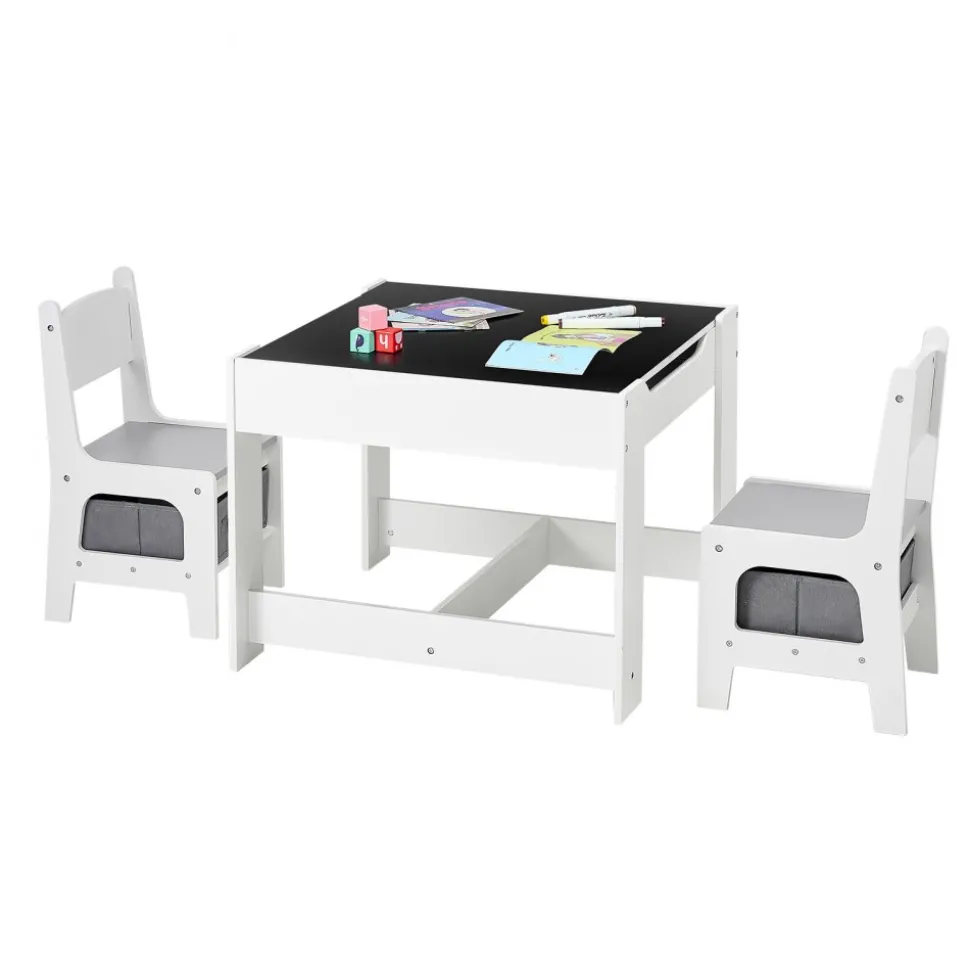VEVOR Kids Table and 2 Chairs Set, Toddler Table and Chair Set with Storage Space under the Table, Cloth Storage Box under the Chairs, Wooden Desk for Art, Craft, Reading, Learning, Drawing, White