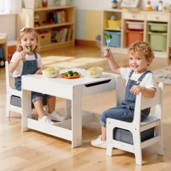VEVOR Kids Table and 2 Chairs Set, Toddler Table and Chair Set with Storage Space under the Table, Cloth Storage Box under the Chairs, Wooden Desk for Art, Craft, Reading, Learning, Drawing, White