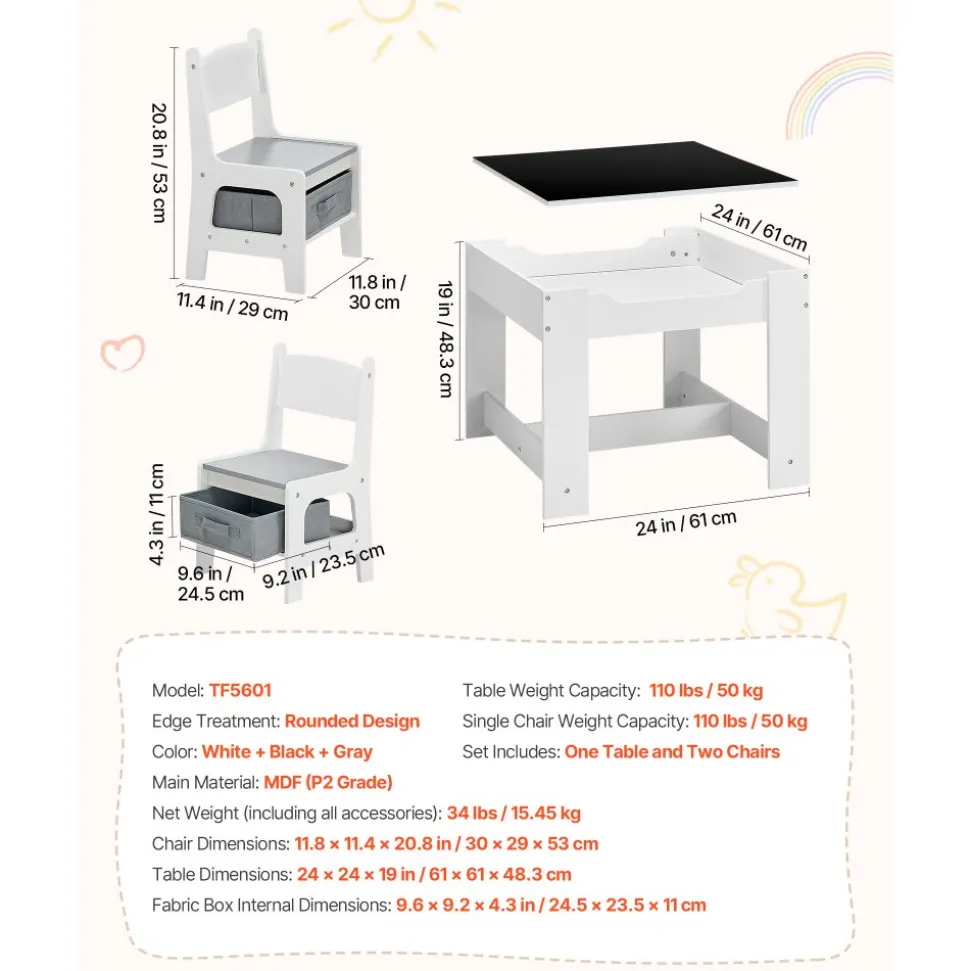 VEVOR Kids Table and 2 Chairs Set, Toddler Table and Chair Set with Storage Space under the Table, Cloth Storage Box under the Chairs, Wooden Desk for Art, Craft, Reading, Learning, Drawing, White