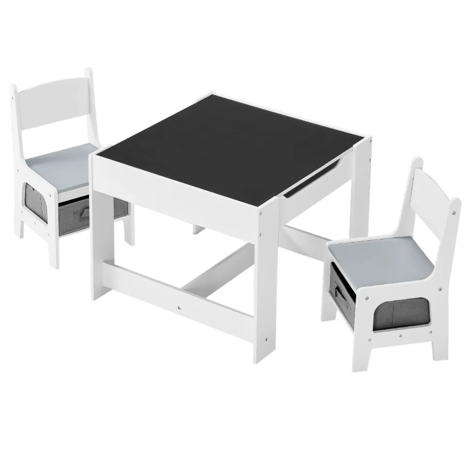 VEVOR Kids Table and 2 Chairs Set, Toddler Table and Chair Set with Storage Space under the Table, Cloth Storage Box under the Chairs, Wooden Desk for Art, Craft, Reading, Learning, Drawing, White
