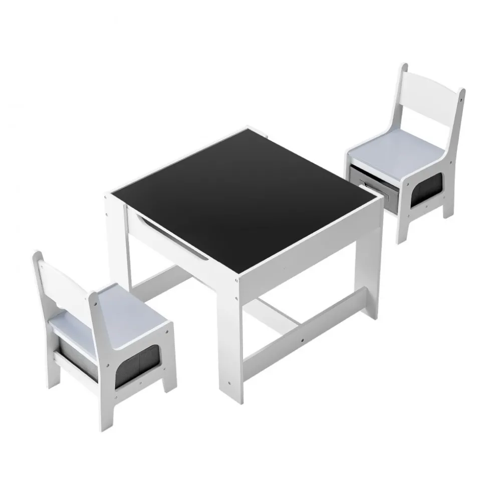 VEVOR Kids Table and 2 Chairs Set, Toddler Table and Chair Set with Storage Space under the Table, Cloth Storage Box under the Chairs, Wooden Desk for Art, Craft, Reading, Learning, Drawing, White
