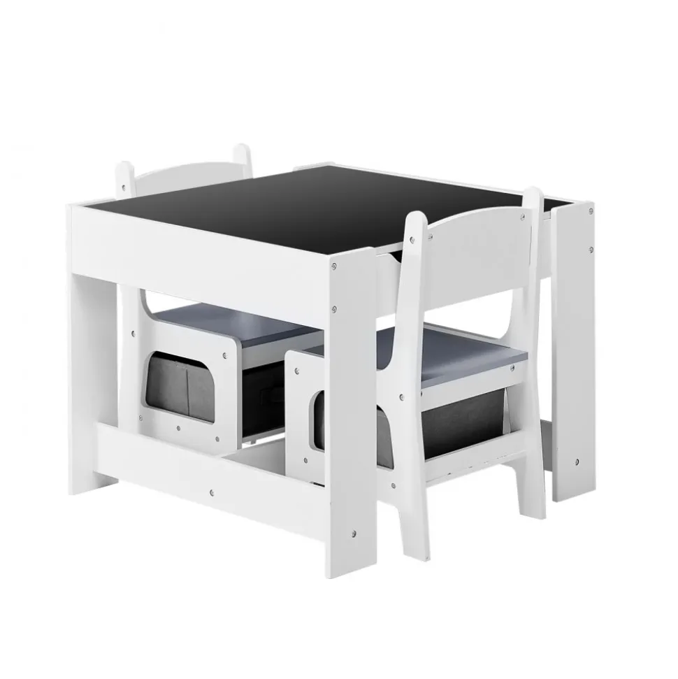 VEVOR Kids Table and 2 Chairs Set, Toddler Table and Chair Set with Storage Space under the Table, Cloth Storage Box under the Chairs, Wooden Desk for Art, Craft, Reading, Learning, Drawing, White