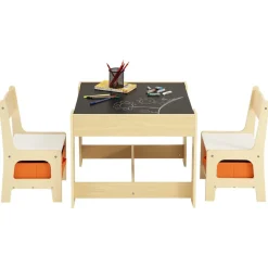 VEVOR Kids Table and 2 Chairs Set, Toddler Table and Chair Set with Storage Space under the Table, Cloth Storage Box under the Chairs, Wooden Desk for Art, Craft, Reading, Learning, Drawing, Burlywood