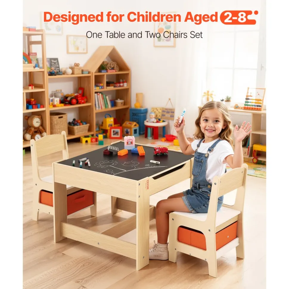 VEVOR Kids Table and 2 Chairs Set, Toddler Table and Chair Set with Storage Space under the Table, Cloth Storage Box under the Chairs, Wooden Desk for Art, Craft, Reading, Learning, Drawing, Burlywood