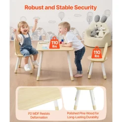 VEVOR Kids Table and 2 Chairs Set, Toddler Table and Chair Set with Rounded Edge Design & Graffiti Desktop, Wooden Desk for Art, Craft, Reading, Learning, Drawing, Classroom/Daycare/Home, Burlywood