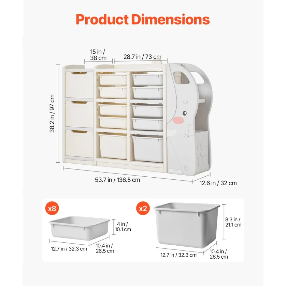 VEVOR Kids Toy Storage, 4-Tier Elephant-Shape Toy Storage Organizer with 10 Plastic Movable Bins, Kids Cubby Cabinet Made from HDPE for Study Room, Bedroom, Playroom, Classroom, Nursery, Gray + Beige