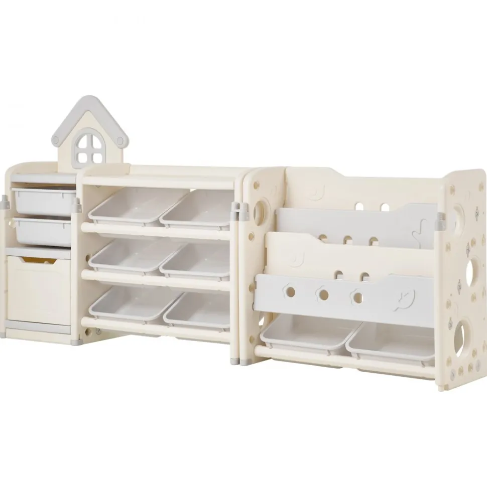 VEVOR Kids Toy Storage with Bookshelf, 4-Tier Toy Storage Organizer with 10 Movable Plastic Bins, Kids Cubby Cabinet with Bookshelf for Study Room, Bedroom, Playroom, Classroom, Nursery, Gray + Beige