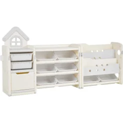 VEVOR Kids Toy Storage with Bookshelf, 4-Tier Toy Storage Organizer with 10 Movable Plastic Bins, Kids Cubby Cabinet with Bookshelf for Study Room, Bedroom, Playroom, Classroom, Nursery, Gray + Beige