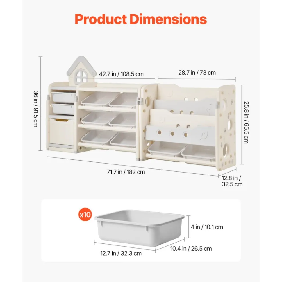 VEVOR Kids Toy Storage with Bookshelf, 4-Tier Toy Storage Organizer with 10 Movable Plastic Bins, Kids Cubby Cabinet with Bookshelf for Study Room, Bedroom, Playroom, Classroom, Nursery, Gray + Beige
