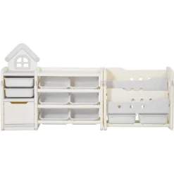 VEVOR Kids Toy Storage with Bookshelf, 4-Tier Toy Storage Organizer with 10 Movable Plastic Bins, Kids Cubby Cabinet with Bookshelf for Study Room, Bedroom, Playroom, Classroom, Nursery, Gray + Beige