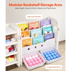 VEVOR Kids Toy Storage with Bookshelf, 4-Tier Toy Storage Organizer with 10 Movable Plastic Bins, Kids Cubby Cabinet with Bookshelf for Study Room, Bedroom, Playroom, Classroom, Nursery, Gray + Beige