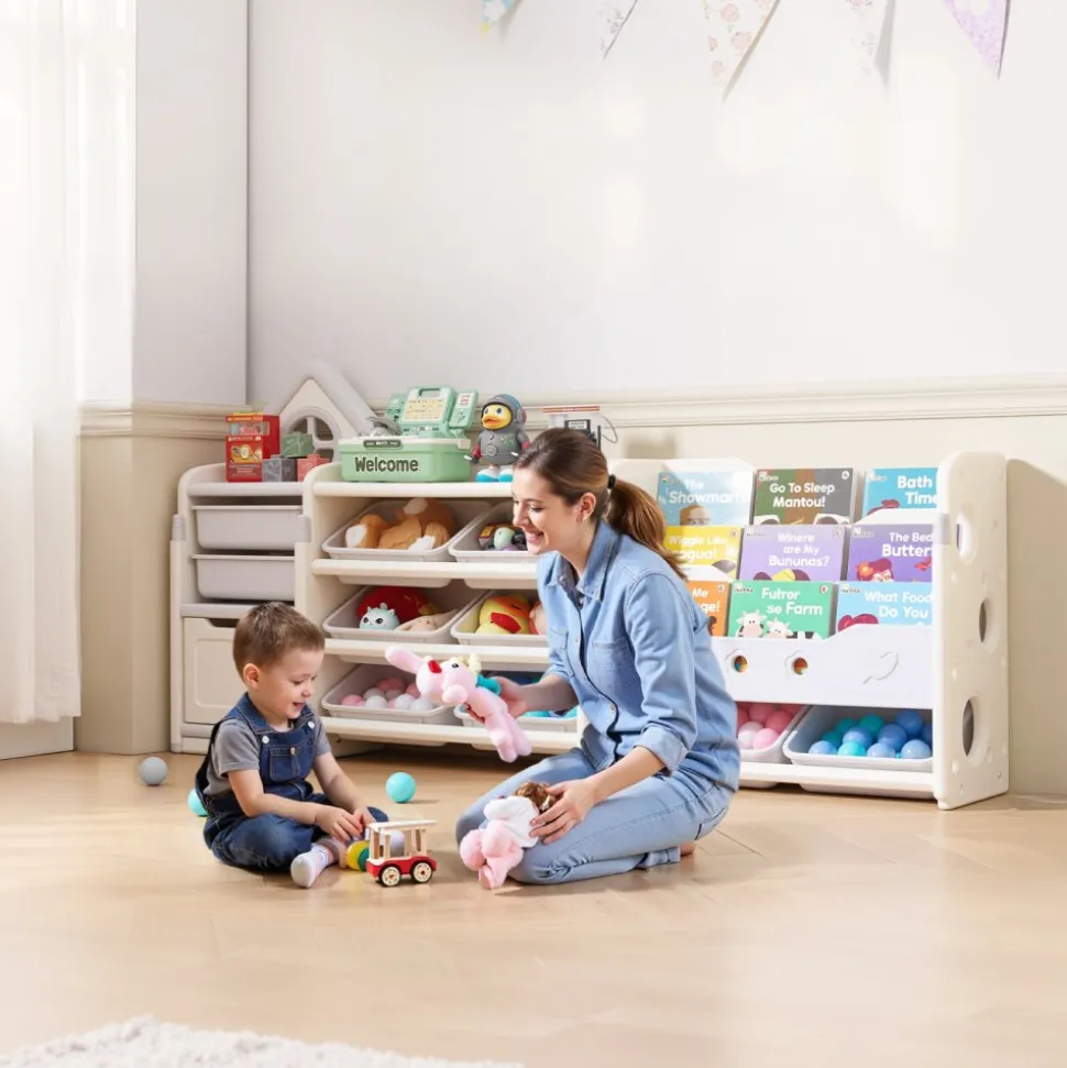 VEVOR Kids Toy Storage with Bookshelf, 4-Tier Toy Storage Organizer with 10 Movable Plastic Bins, Kids Cubby Cabinet with Bookshelf for Study Room, Bedroom, Playroom, Classroom, Nursery, Gray + Beige
