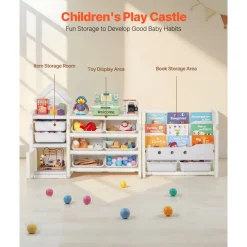 VEVOR Kids Toy Storage with Bookshelf, 4-Tier Toy Storage Organizer with 10 Movable Plastic Bins, Kids Cubby Cabinet with Bookshelf for Study Room, Bedroom, Playroom, Classroom, Nursery, Gray + Beige