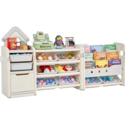 VEVOR Kids Toy Storage with Bookshelf, 4-Tier Toy Storage Organizer with 10 Movable Plastic Bins, Kids Cubby Cabinet with Bookshelf for Study Room, Bedroom, Playroom, Classroom, Nursery, Gray + Beige