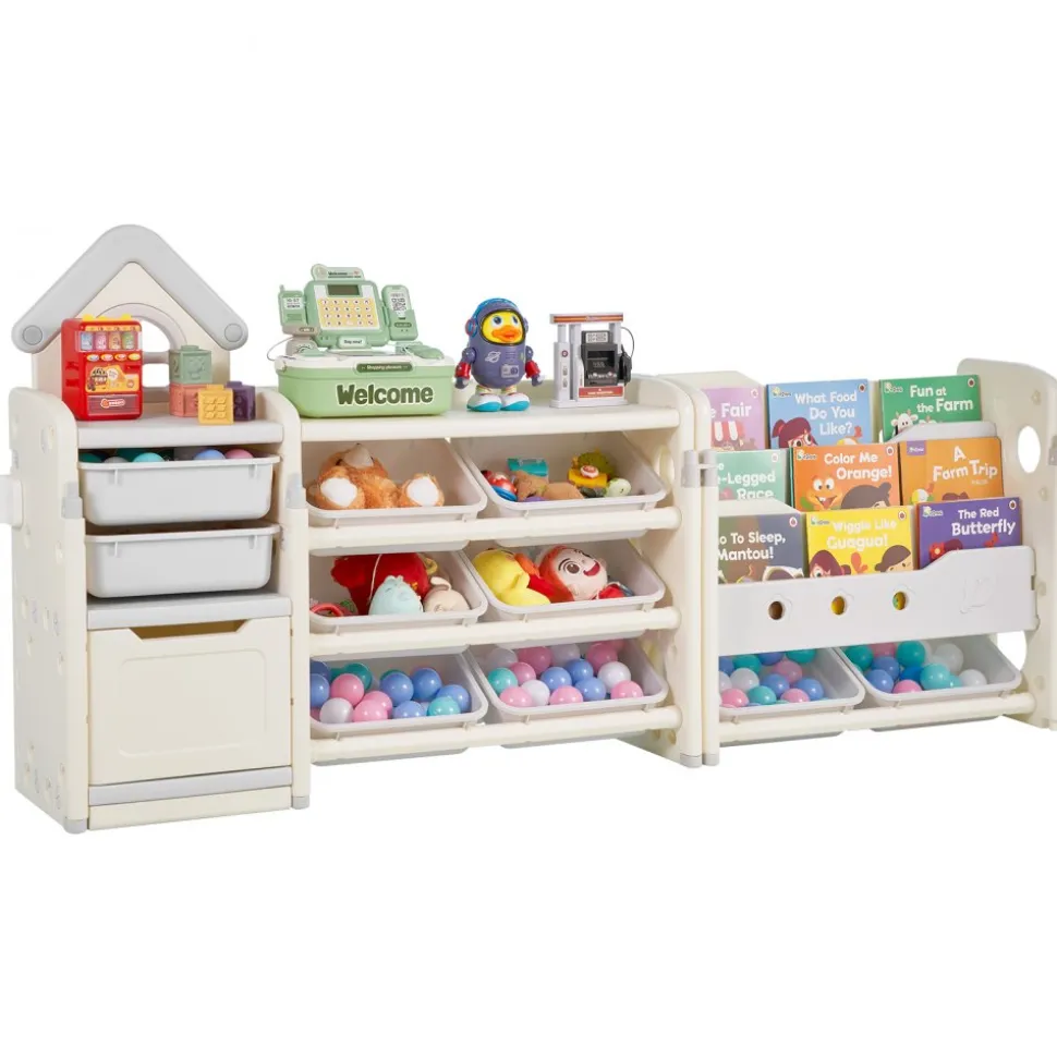 VEVOR Kids Toy Storage with Bookshelf, 4-Tier Toy Storage Organizer with 10 Movable Plastic Bins, Kids Cubby Cabinet with Bookshelf for Study Room, Bedroom, Playroom, Classroom, Nursery, Gray + Beige