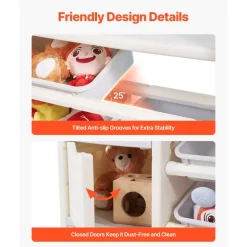 VEVOR Kids Toy Storage with Bookshelf, 4-Tier Toy Storage Organizer with 10 Movable Plastic Bins, Kids Cubby Cabinet with Bookshelf for Study Room, Bedroom, Playroom, Classroom, Nursery, Gray + Beige
