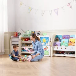 VEVOR Kids Toy Storage with Bookshelf, 4-Tier Large Toy Storage Organizer with 10 Plastic Movable Bins, Kids Cubby Cabinet with Bookshelf and Drawing Board for Study Room, Playroom, Classroom, Nursery