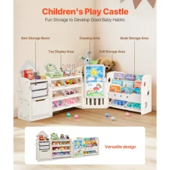 VEVOR Kids Toy Storage with Bookshelf, 4-Tier Large Toy Storage Organizer with 10 Plastic Movable Bins, Kids Cubby Cabinet with Bookshelf and Drawing Board for Study Room, Playroom, Classroom, Nursery